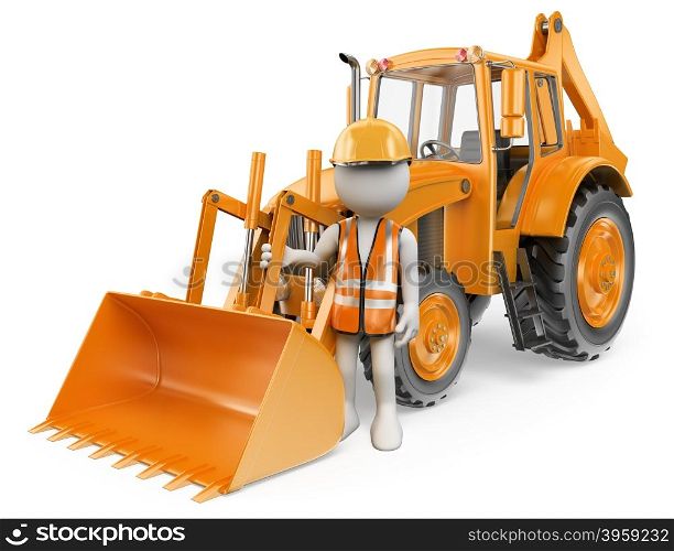 3d white people. Worker with a backhoe loader. Digger. Isolated white background.