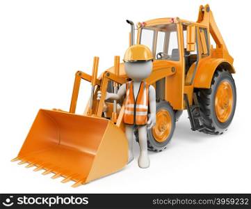 3d white people. Worker with a backhoe loader. Digger. Isolated white background.