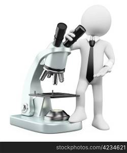 3d white person with a huge microscope. 3d image. Isolated white background.