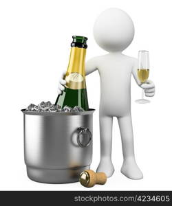 3d white person with champagne bottle in bucket with ice and glass of champagne. 3d image. Isolated white background.