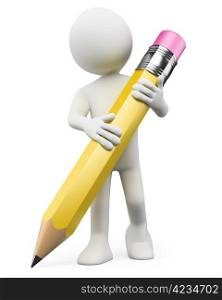 3d white person writing with a huge yellow pencil. 3d image. Isolated white background.