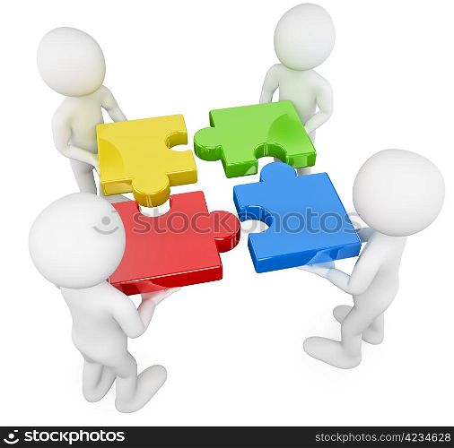 3d white persons solving a puzzle. 3d image. Isolated white background.