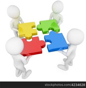 3d white persons solving a puzzle. 3d image. Isolated white background.