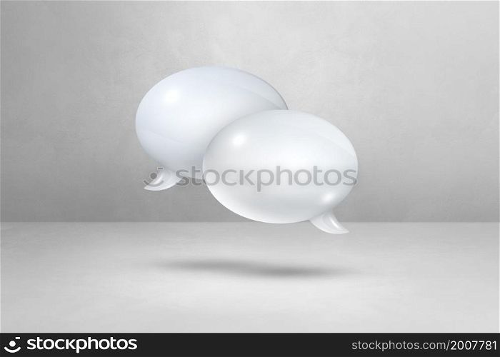 3D white speech bubbles isolated on light grey background. White speech bubbles on light grey background