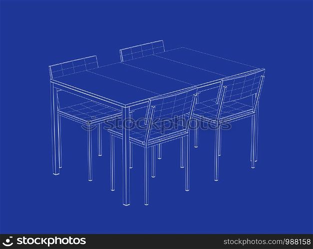 3d wire-frame model of dining table and four chairs