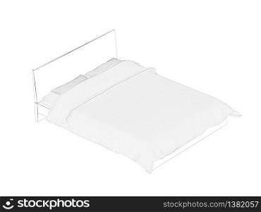 3d wireframe model of bed with mattress, blanket and pillows
