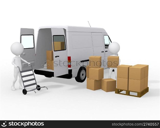 3d workers loading boxes to a van