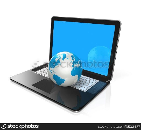 3D world globe, map on a laptop computer isolated on white with clipping path. World globe, map on a laptop