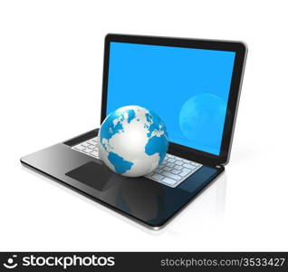 3D world globe, map on a laptop computer isolated on white with clipping path. World globe, map on a laptop