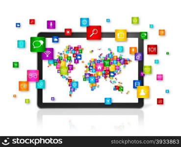 3D World map made of icons on Tablet PC. Cloud computing concept. World map made of icons on Tablet PC. Cloud computing concept