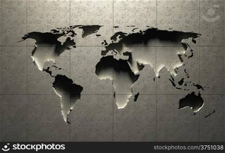 3D World Map molded into solid concrete blocked wall ( map derived from NASA earth maps - http://visibleearth.nasa.gov/)