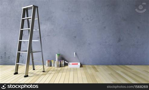 3Ds rendered image of a blank cracked concrete wall and wooden floor, Ladder and painting tools and color cans on the floor