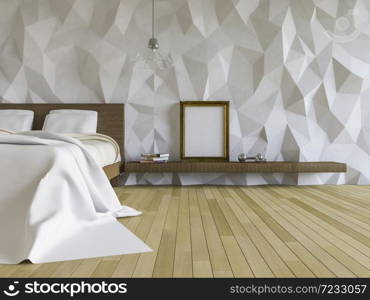 3ds rendered image of loft style bedroom, cracked concrete wall,wooden floor, low polygon decorative wall,blank photo frame and books on shelf