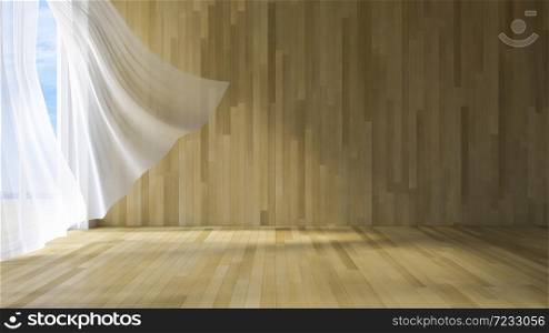 3ds rendered image of seaside room , White fabric curtains being blown by wind from the sea, wooden wall and floor