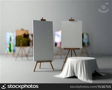 3Ds rendered image of tripods for painting and round table that covered by white fabric, Selective focus on front tripods