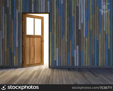 3Ds rendered image of wooden door and old colorful wooden wall and wooden floor