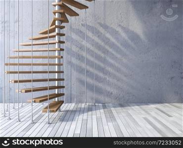 3ds rendered image of wooden spiral staircase hanged from ceiling by stainless cables, shadow on cracked concrete wall and old wooden floor