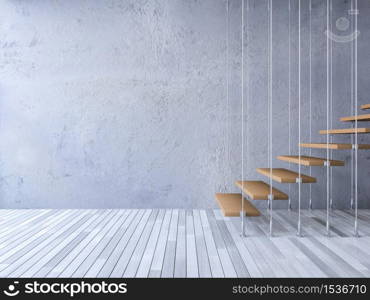 3ds rendered image of wooden staircase hanged from ceiling by stainless cables, cracked concrete wall and old wooden floor