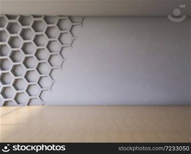 3Ds rendered interior with hexagon wall and wooden floor