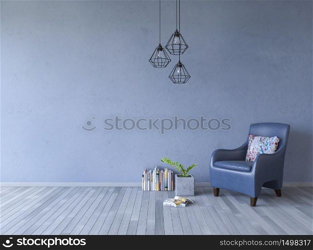 3ds rendering image of dark blue sofa and books place on timber floor which have blue cracked concrete wall as background. Modern hanging lamps over the books and decoration little tree in marble cubic potted