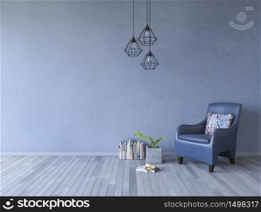 3ds rendering image of dark blue sofa and books place on timber floor which have blue cracked concrete wall as background. Modern hanging lamps over the books and decoration little tree in marble cubic potted