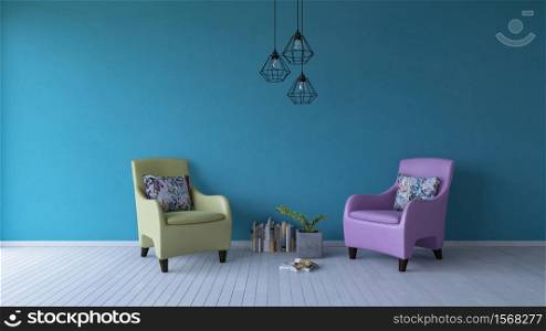3ds rendering image of yellow and pink sofa and books place on timber floor which have blue cracked concrete wall as background. Modern hanging lamps over the books and decoration little tree in marble cubic potted