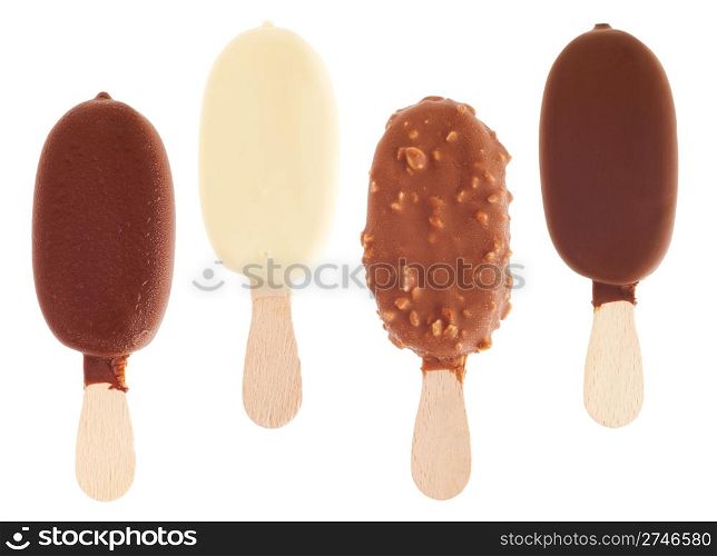 4 delicious chocolate ice creams (milk, white, almond, black) isolated on white background