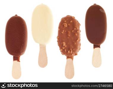 4 delicious chocolate ice creams (milk, white, almond, black) isolated on white background