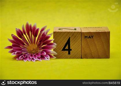 4 May on wooden blocks with a pink and white aster on a yellow background