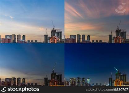 4 Moments of Sunset, view of the Downtown Singapore skyline from dusk to night with clouds, Singapore Asia