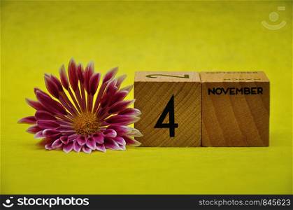 4 November on wooden blocks with a pink and white aster on a yellow background