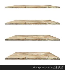 4 old wood shelves table isolated on white background and display montage for product.