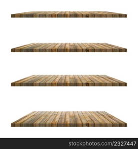 4 old wood shelves table isolated on white background and display montage for product.