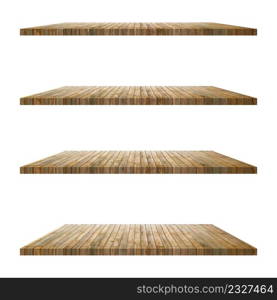 4 old wood shelves table isolated on white background and display montage for product.