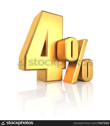 4 percent off. Gold metal letters on reflective floor. White background. Discount 3d render