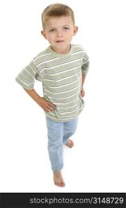 4 year old boy with blonde hair standing barefoot over white.