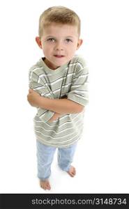 4 year old boy with blonde hair standing barefoot over white.