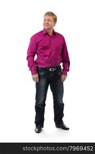 40 year-old man on a white background in a purple shirt casual design. Studio, isolate on white.