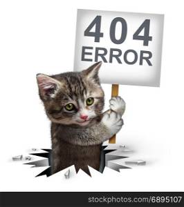404 error page not found concept and a broken or dead link symbol as a kitten cat emerging from a hole holding a sign with text for breaking the network connection resulting in internet search problems.