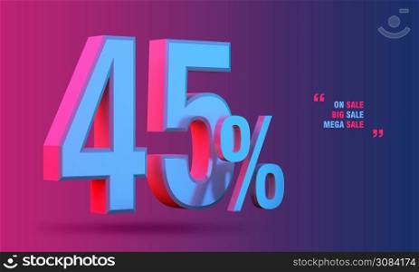 45% of sale discount 3D icon on colorful background
