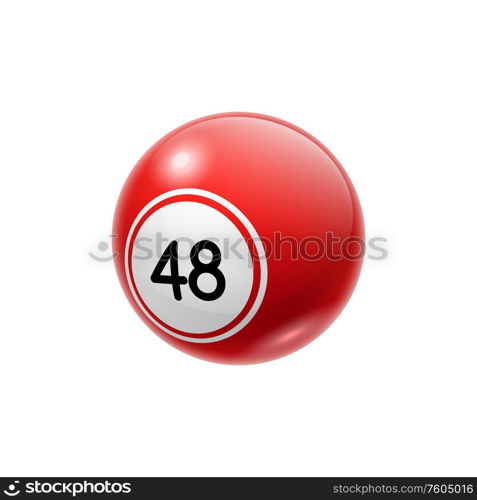 48 bingo lottery number isolated red ball with figures. Vector keno or billiard game symbol. Ball with forty eight number isolated lucky sphere