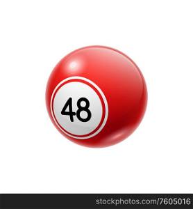 48 bingo lottery number isolated red ball with figures. Vector keno or billiard game symbol. Ball with forty eight number isolated lucky sphere