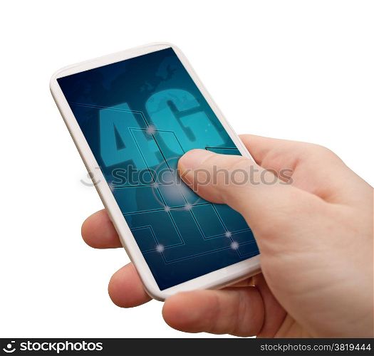 4G Mobile Internet - Man&rsquo;s Hand With Smartphone With 4G Sign on Display - Isolated on White with clipping path