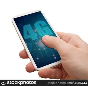 4G Mobile Internet - Man&rsquo;s Hand With Smartphone With 4G Sign on Display - Isolated on White with clipping path