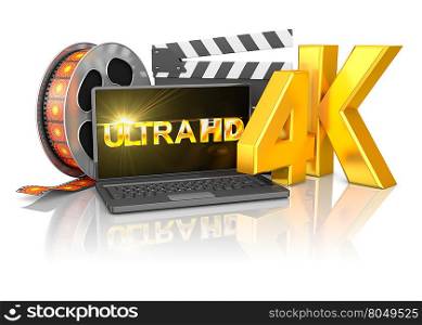 4K laptop and film strip on a white background, 3d render.