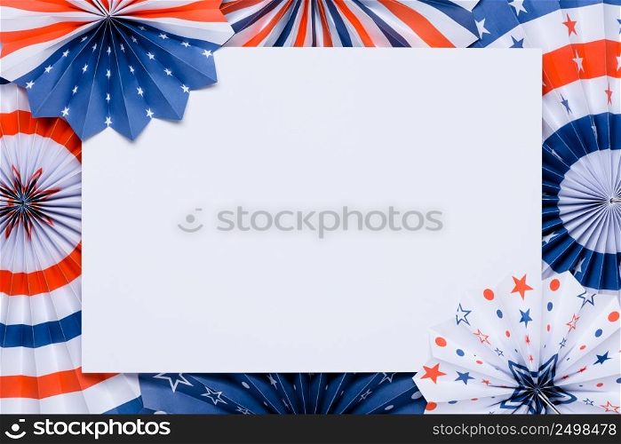 4th of July banner template. Paper fans stars USA Independence Day flag colors.
