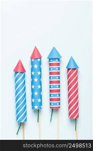 4th of July fireworks USA flag style rockets. Firecracker rockets 4 july United States Independence Day banner.