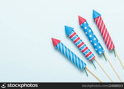 4th of July fireworks USA flag style rockets. Firecracker rockets United States Independence Day banner.