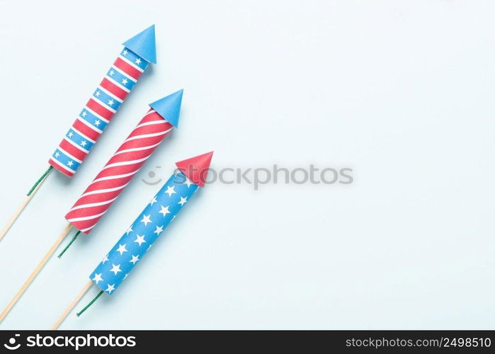 4th of July fireworks USA flag style rockets. Firecracker rockets United States Independence Day banner.