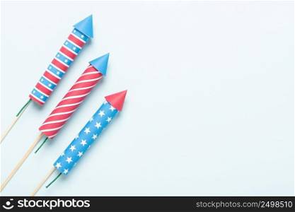 4th of July fireworks USA flag style rockets. Firecracker rockets United States Independence Day banner.